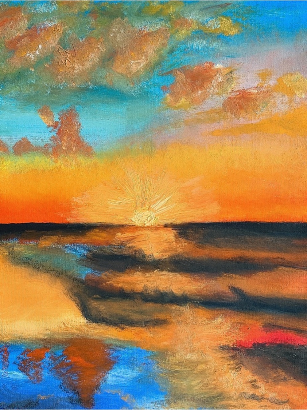 Original Sunset Seascape Canvas Wall Art - Vibrant Orange and Blue